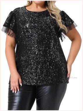 Plus Size Sequin Top Ruffle Sleeve Glitter Party Blouse Sparkle Night Out